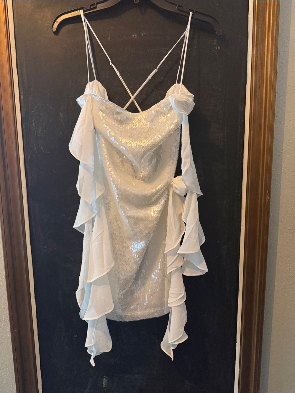 12th Tribe White Sequin Mini Dress with Ruffle sashes
